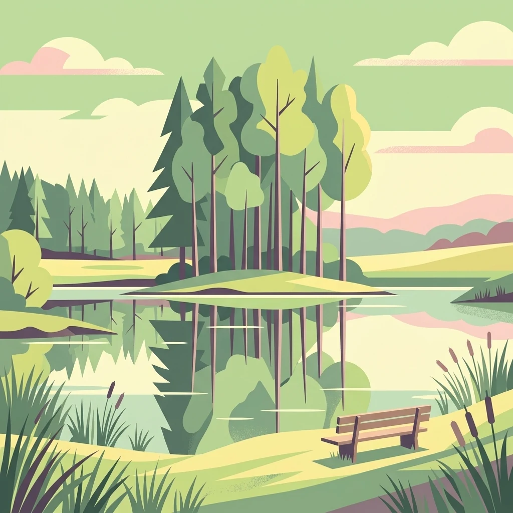 Una ilustración plana estilizada de un lago tranquilo rodeado de árboles y vegetación con un banco de madera en primer plano.