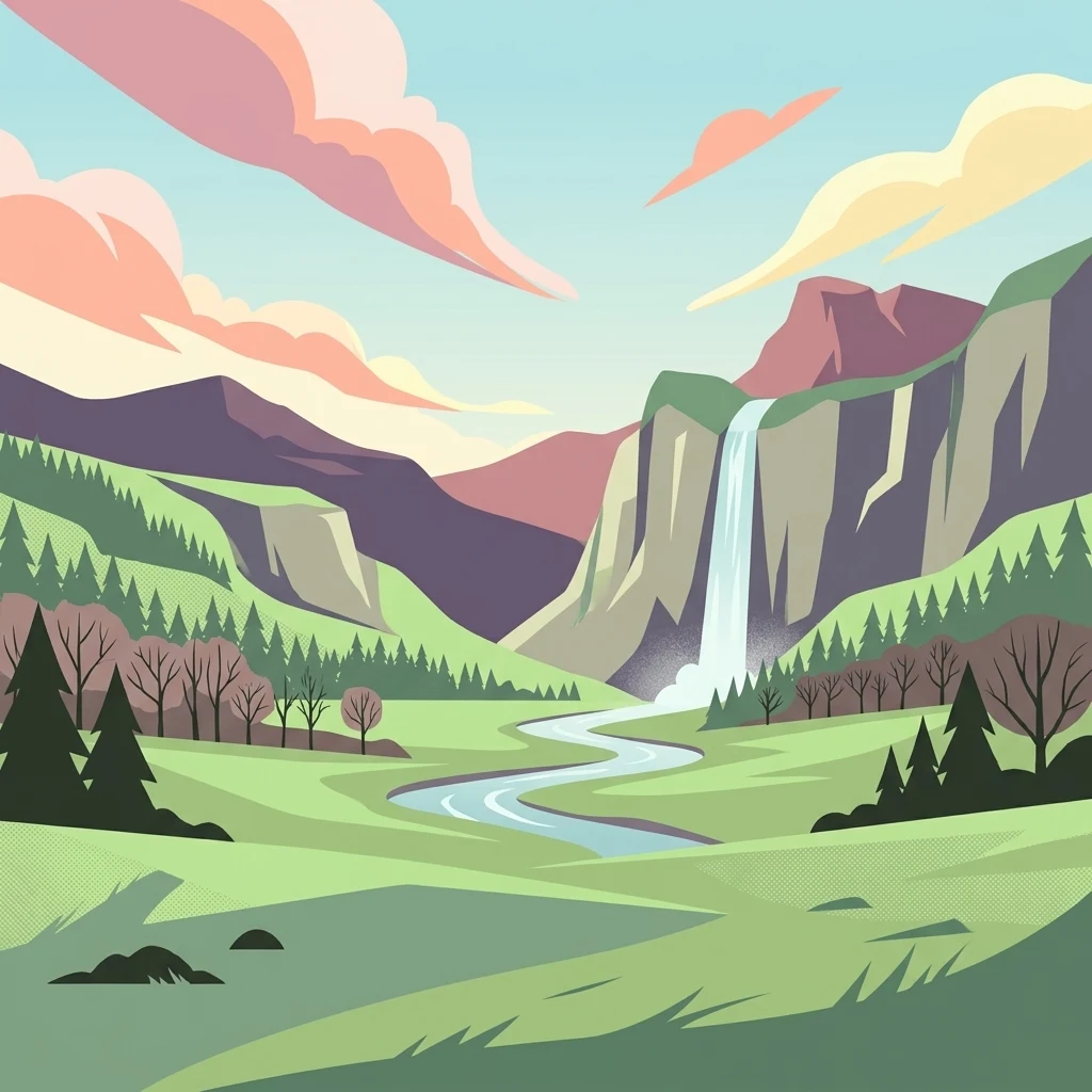 A flat-style digital illustration showing a valley with green meadows, pine forests, a waterfall cascading down a cliff, and a river flowing through the center under a pastel sky.