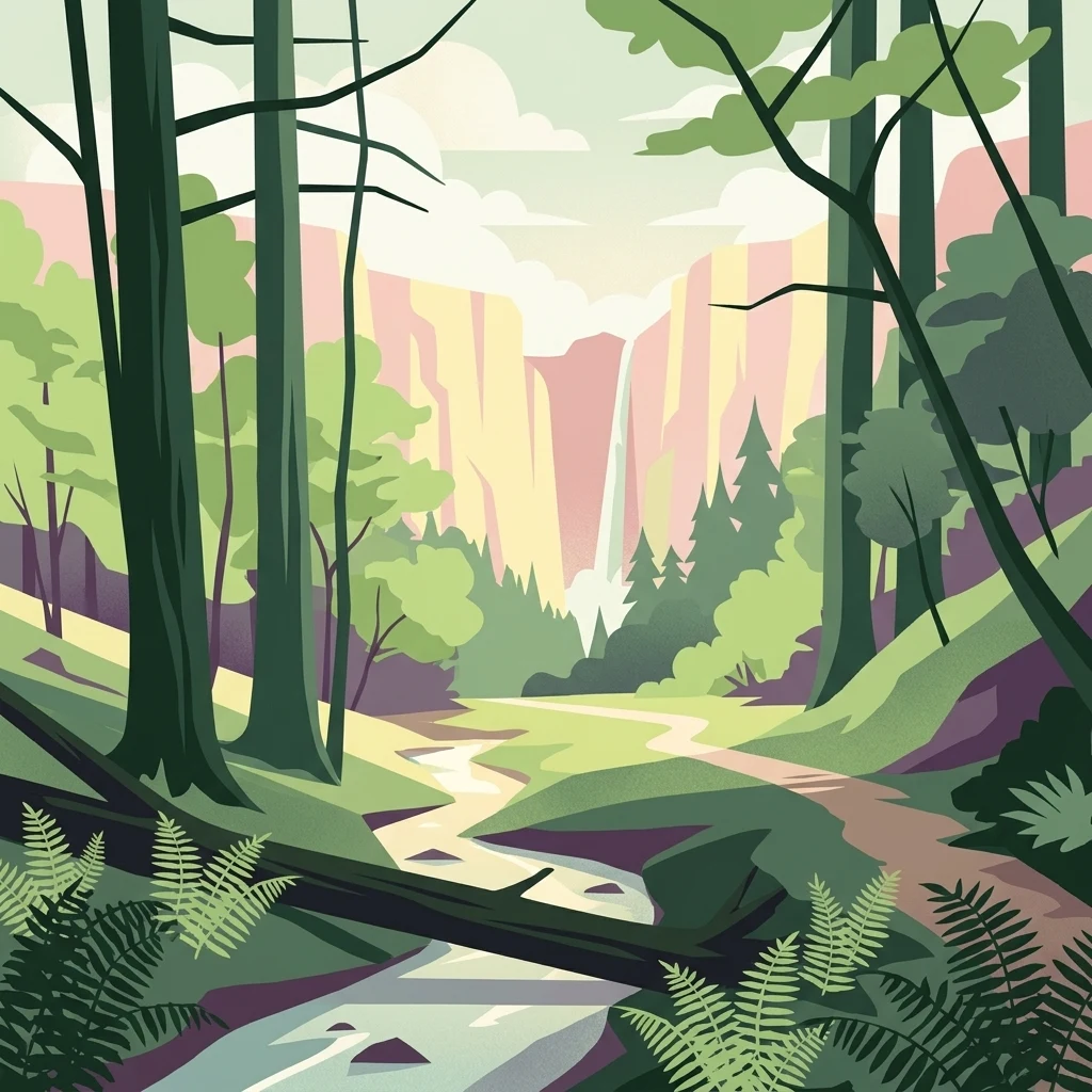 A graphic illustration of a deep forest gorge featuring a winding stream in the foreground, tall trees on both sides, and a cascading waterfall against high cliff walls in the background.