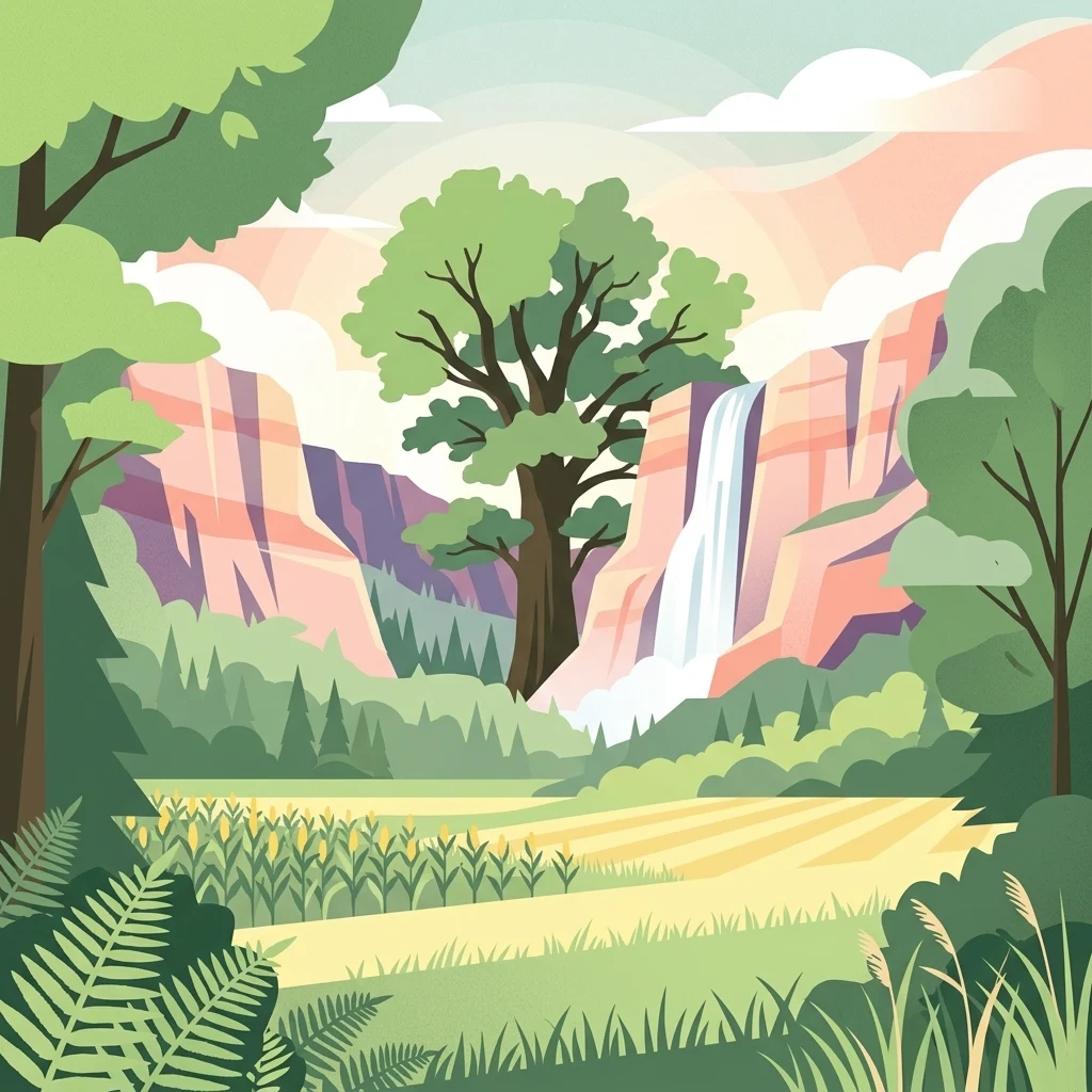 Una ilustración de diseño plano de una escena natural con un gran árbol en el centro, una cascada que cae por acantilados rocosos al fondo y un campo en primer plano.