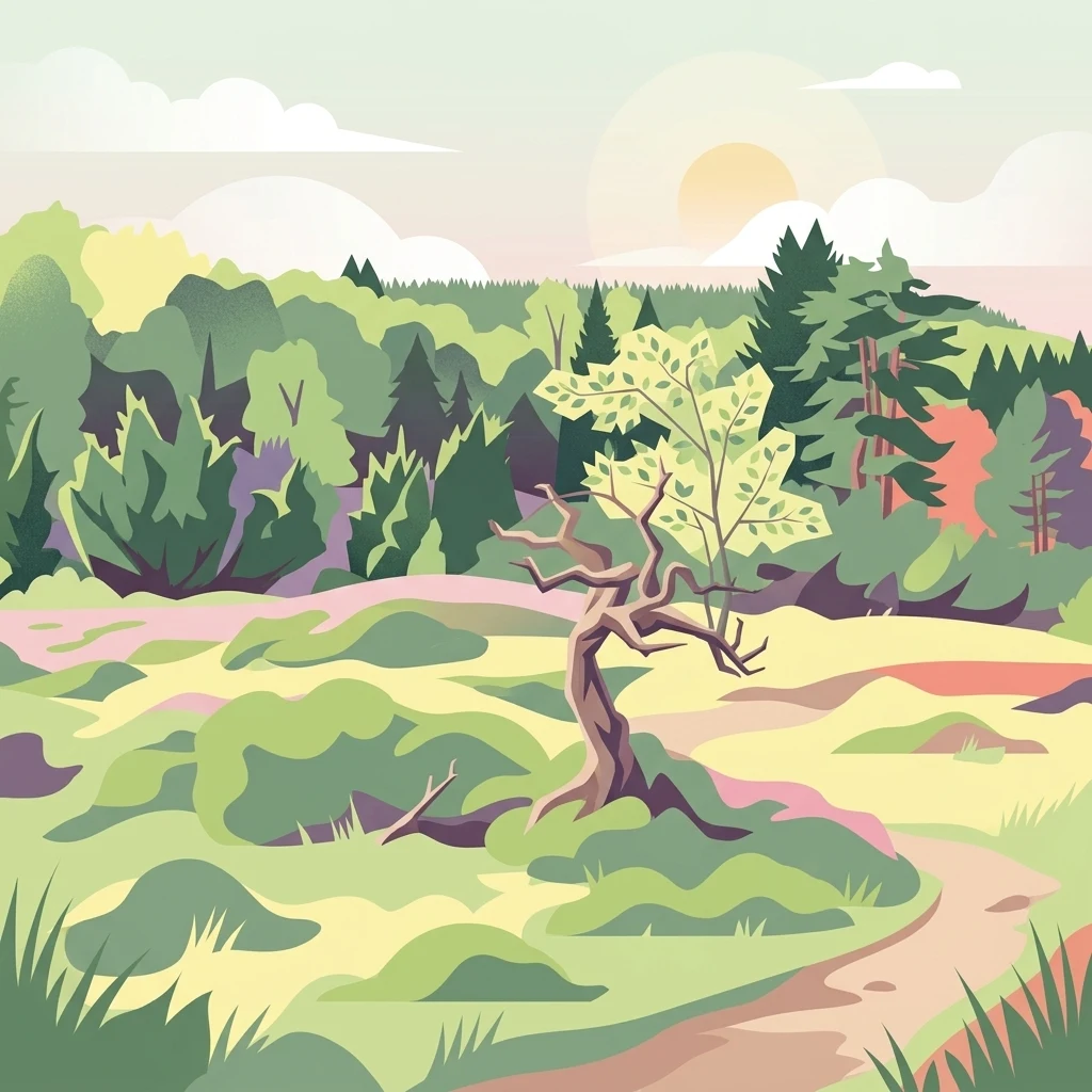 Una ilustración digital plana de un sereno paisaje forestal con colinas verdes onduladas, un sendero serpenteante, bosques densos y un solitario árbol retorcido en el centro bajo un suave amanecer.