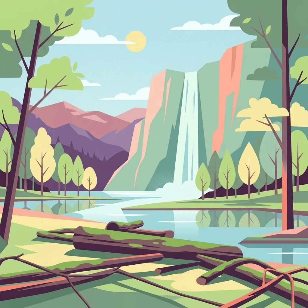 Una ilustración digital de estilo plano que representa una cascada que cae por un acantilado hacia un lago tranquilo, rodeada de árboles del bosque y troncos caídos en primer plano.