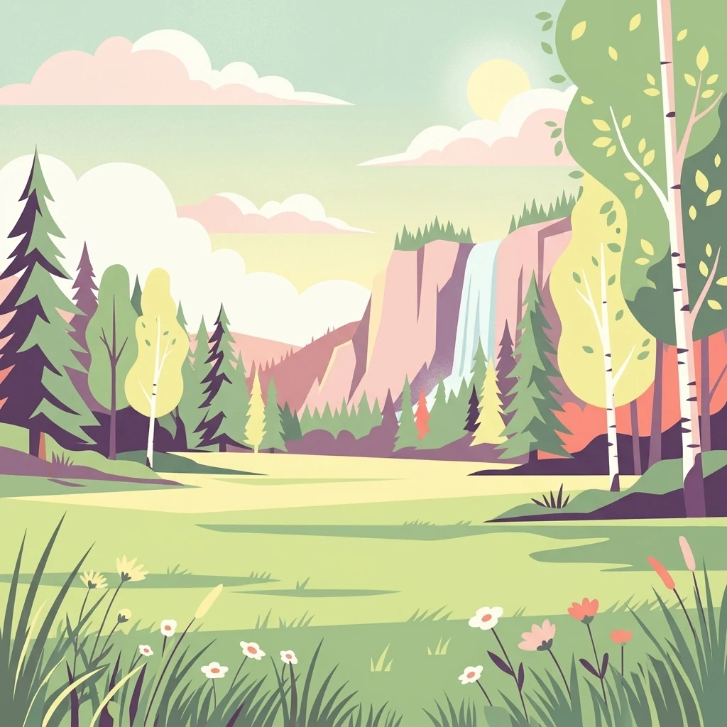 A colorful flat illustration showing a sunlit landscape with a grassy meadow, wildflowers, coniferous and birch trees, and a waterfall flowing down a rocky cliff in the background.