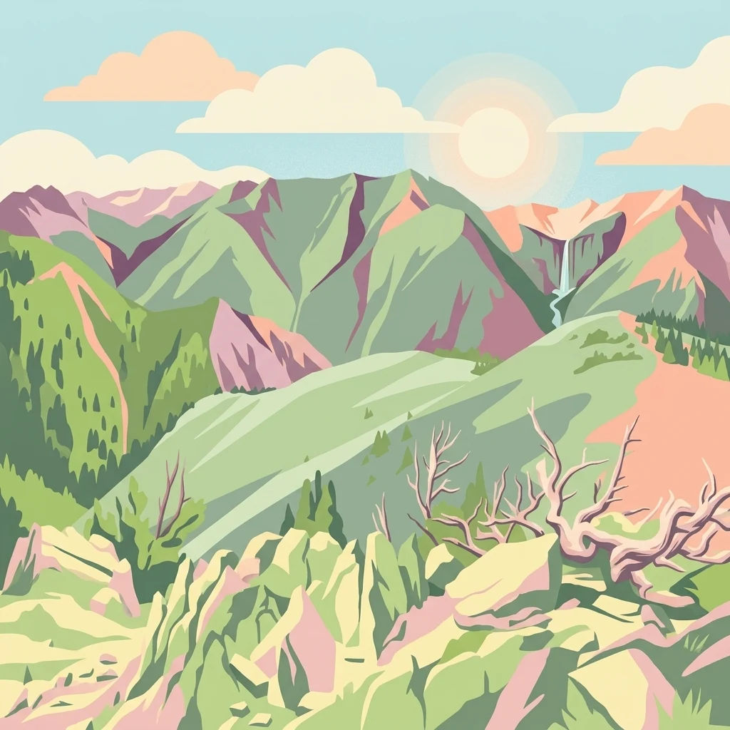 A stylized, flat-design illustration showing layered green and purple mountains under a pale sun, with a small waterfall on a distant slope and rocky, arid foreground with twisted wood.