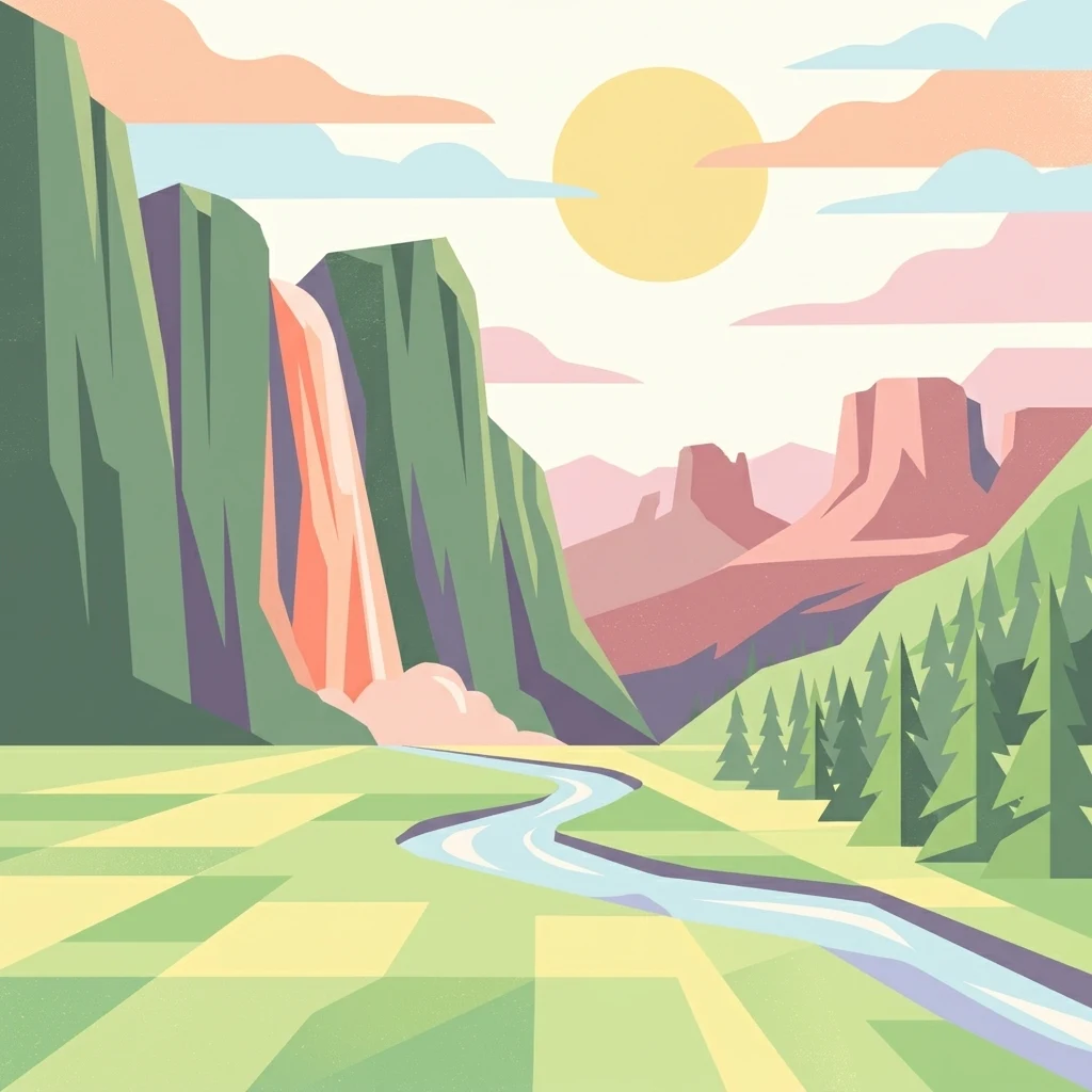 A flat-design, digital illustration of a scenic mountain valley featuring a waterfall on the left, a river winding through a grassy foreground, evergreen trees on the right, and distant plateaus under a large sun.