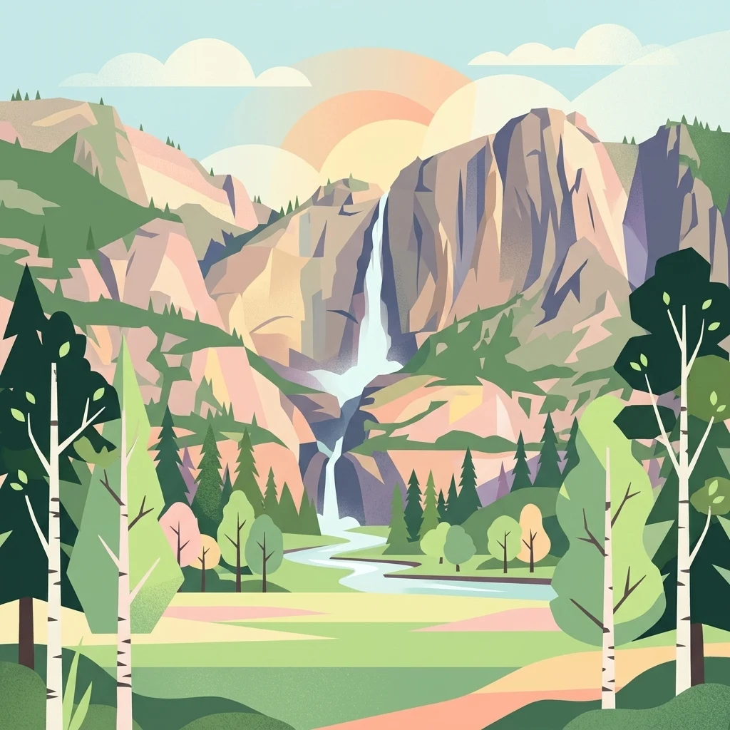A digital illustration featuring a tall waterfall cascading between steep, rocky mountain cliffs into a valley with a stream, surrounded by evergreen and birch trees under a light sky.