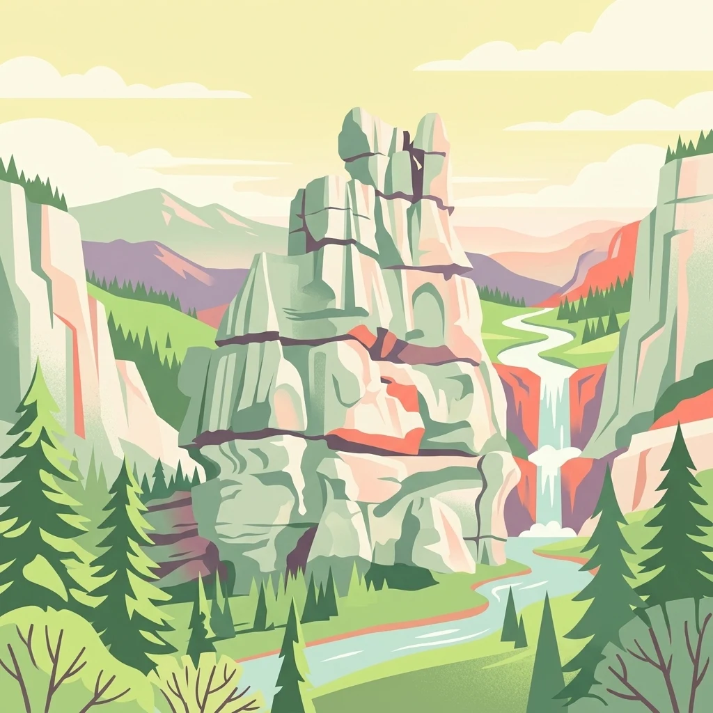 A flat-style vector illustration of a tall, pale limestone monolith rising above a verdant valley with a small waterfall flowing into a stream, surrounded by coniferous trees.