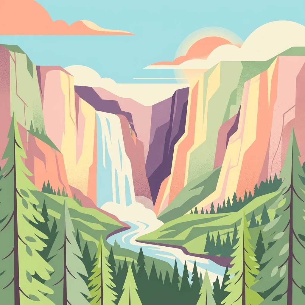 Una vibrante ilustración gráfica de un cañón profundo con acantilados escarpados, un río que fluye, una cascada y árboles de hoja perenne en primer plano bajo un cielo estilizado.