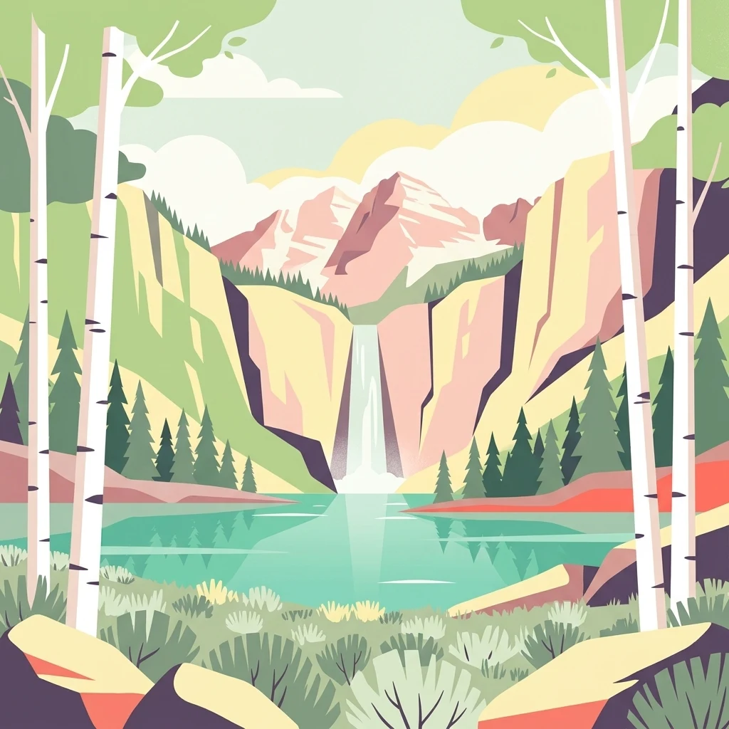 Una ilustración digital plana y estilizada de un paisaje montañoso con una alta cascada que desemboca en un lago, enmarcada por abedules en primer plano y coníferas en el plano medio.