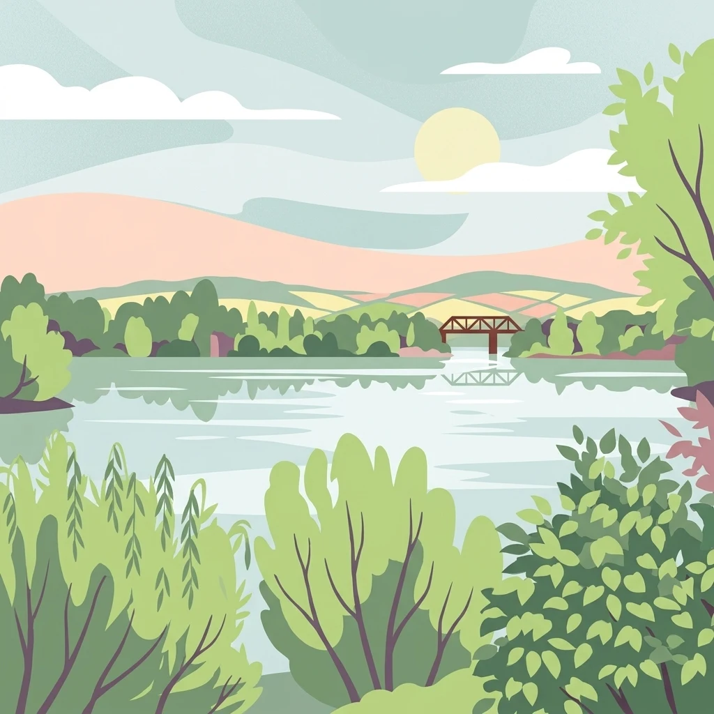 An illustrative depiction of a calm lake in the Northeimer Seenplatte, with lush green trees and shrubs in the foreground, a distant railway bridge over the water, and gentle rolling hills under a soft pastel sky.