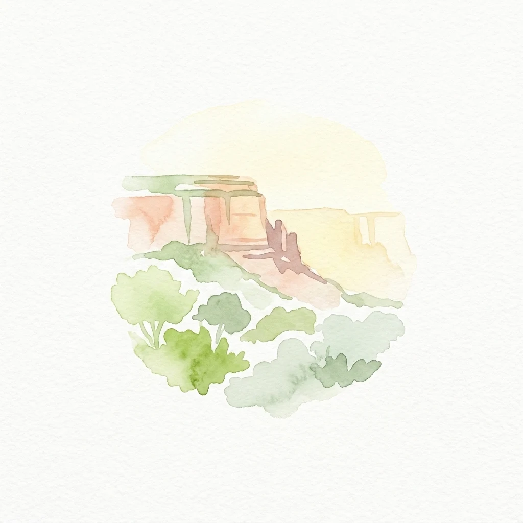 Watercolor illustration of a plateau with green vegetation and distant rock formations under a soft yellow sky