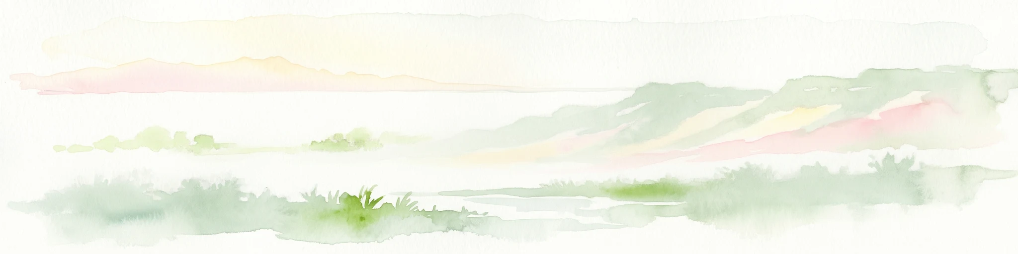 Ilustración acuarela de un paisaje en tonos verdes y rosas suaves que muestra colinas onduladas y un cielo pálido