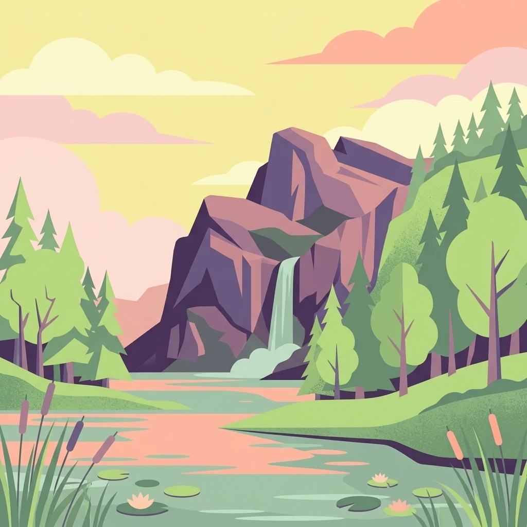 A digital illustration of a park landscape featuring a calm river in the foreground with water lilies and cattails, leading to a rocky cliffside with a waterfall, surrounded by dense evergreen trees under a soft, pastel-colored sky.