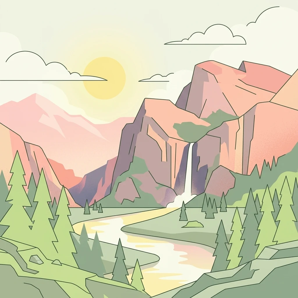 A flat-style illustration showing a sunlit mountain valley with a waterfall flowing into a winding river, surrounded by pine trees.