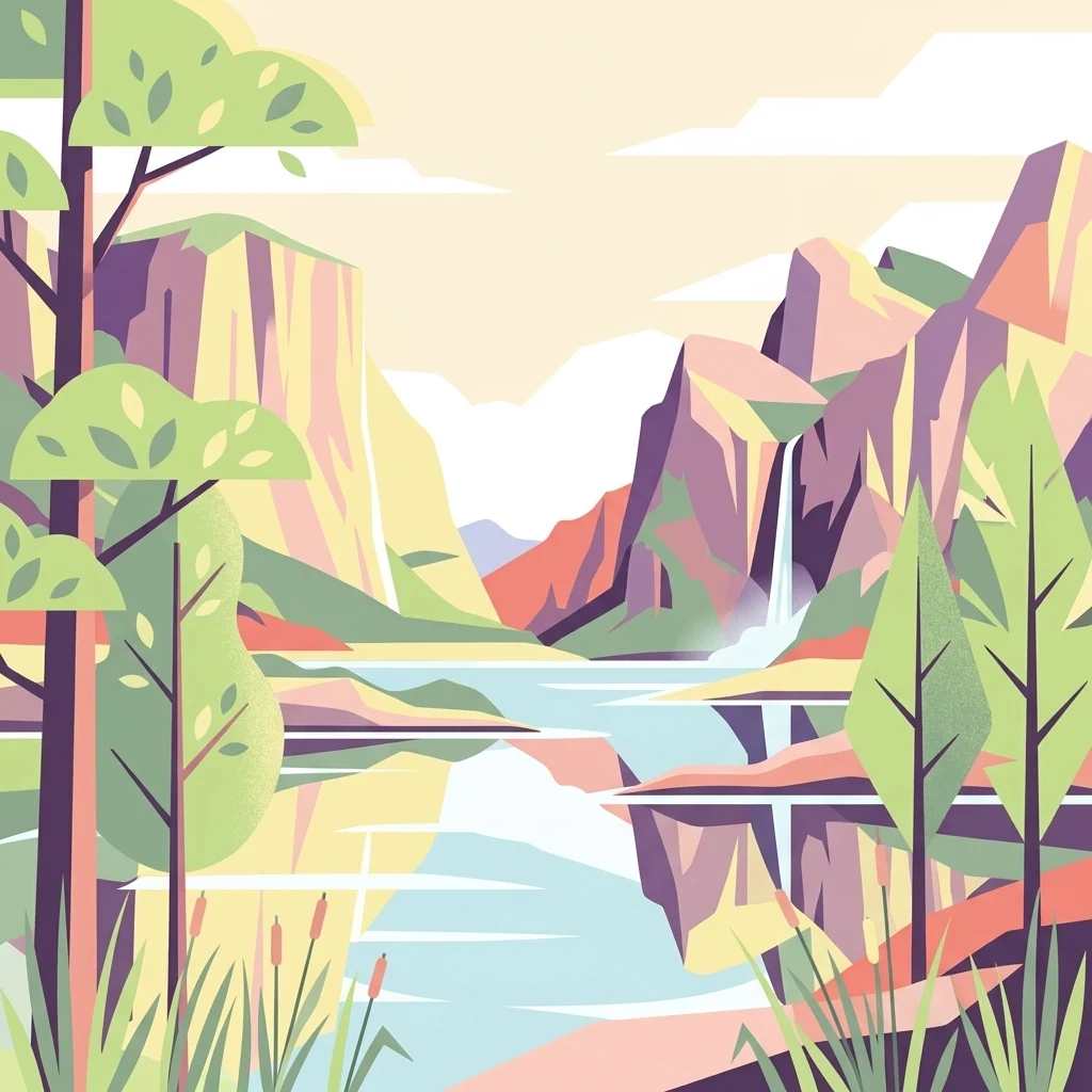 Una ilustración de arte vectorial plana que muestra un lago tranquilo en un valle montañoso con una cascada a la derecha, rodeado de árboles estilizados y hierbas altas.