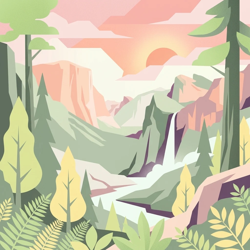 Una ilustración digital de estilo plano de un valle con una cascada, acantilados rocosos y bosque circundante al atardecer.
