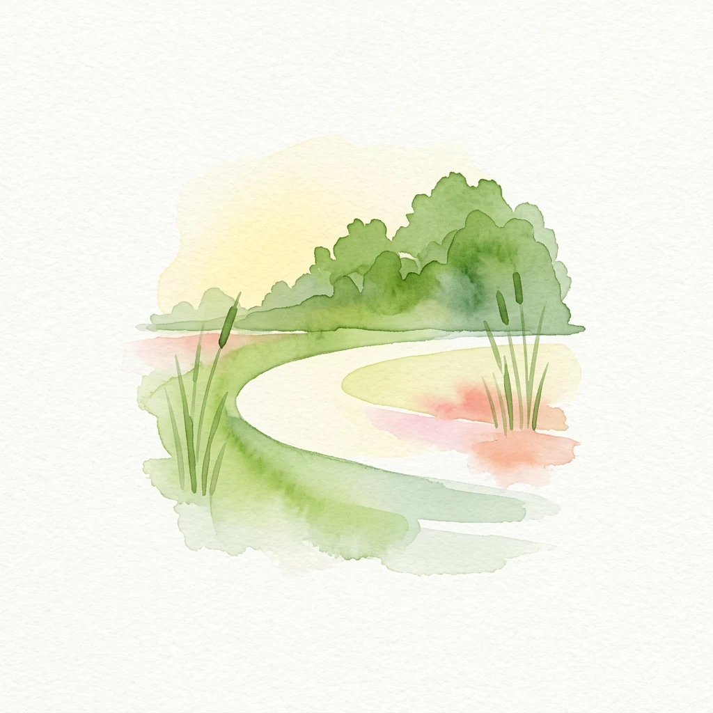 Watercolor illustration showing a winding path through a wetland with reeds, trees, and a soft yellow sky