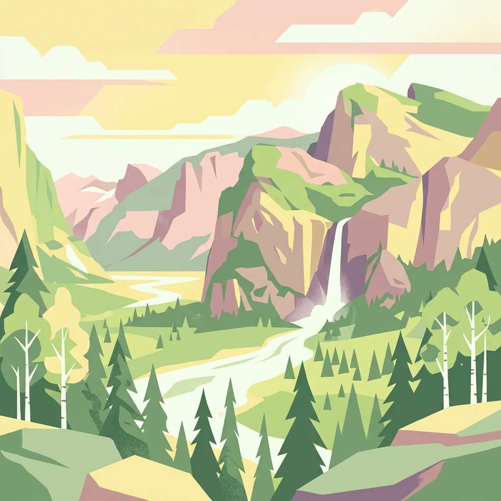 Ilustración estilizada de un paisaje montañoso con una cascada, río, bosques de coníferas y caducifolios, y colinas rocosas bajo un cielo pastel