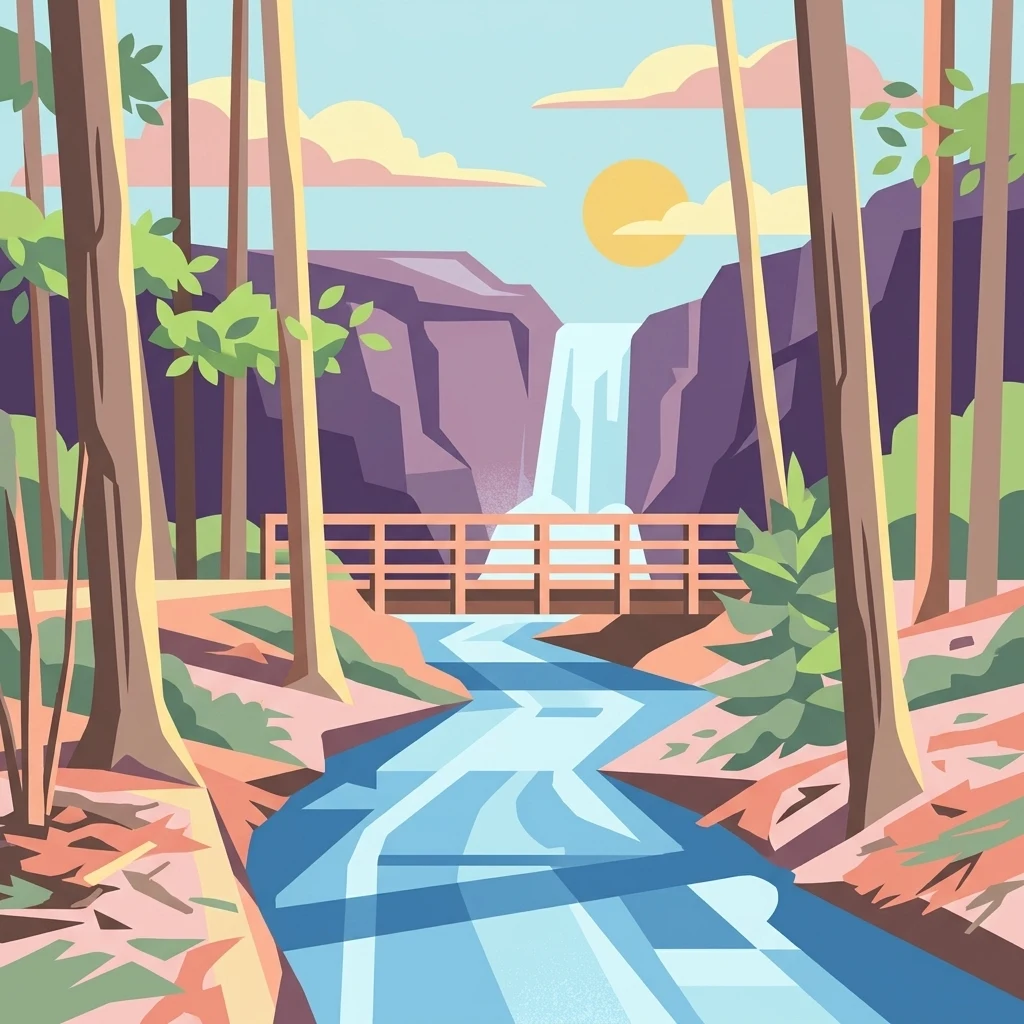 A colorful flat illustration showing a narrow blue stream flowing through a forest towards a small waterfall in the distance, viewed from behind a wooden footbridge under a bright sun.