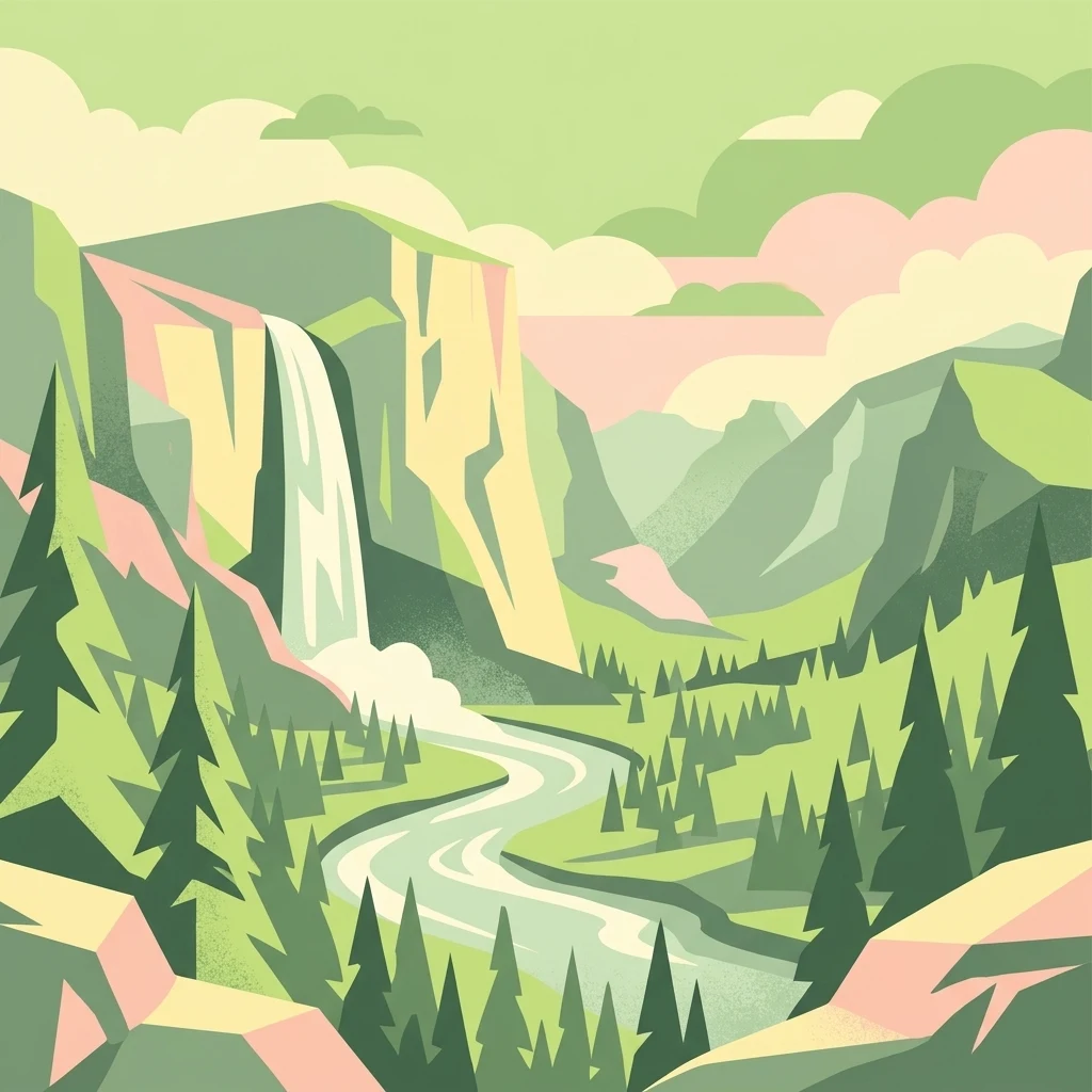 A graphic illustration of a mountain valley with a waterfall flowing into a river, surrounded by pine trees under a cloudy sky.