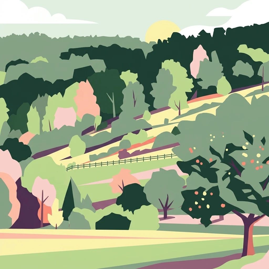 A graphic illustration of a hilly, verdant landscape featuring rolling fields, fruit trees, and dense woodland under a pale sky.