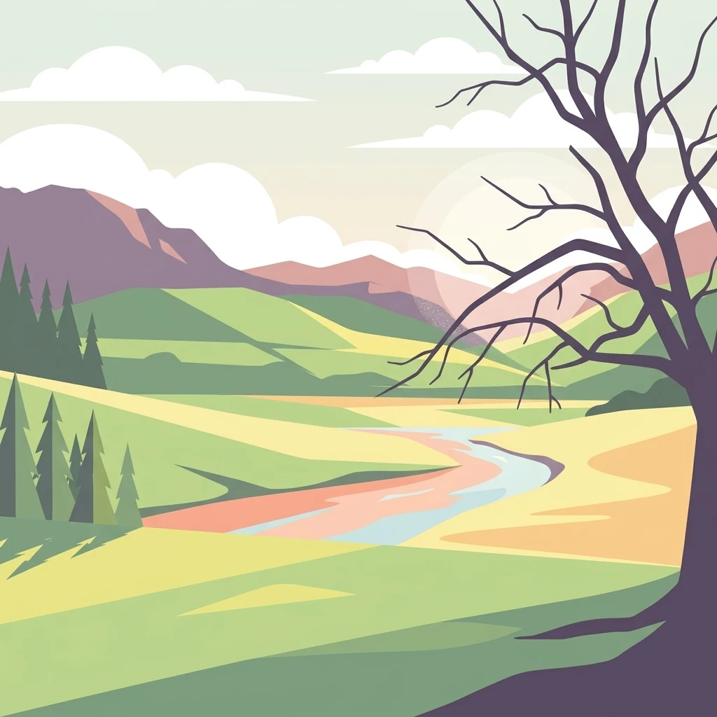 A flat-style digital illustration showing a winding river flowing through a green valley towards distant rolling mountains, framed by a leafless tree in the foreground.
