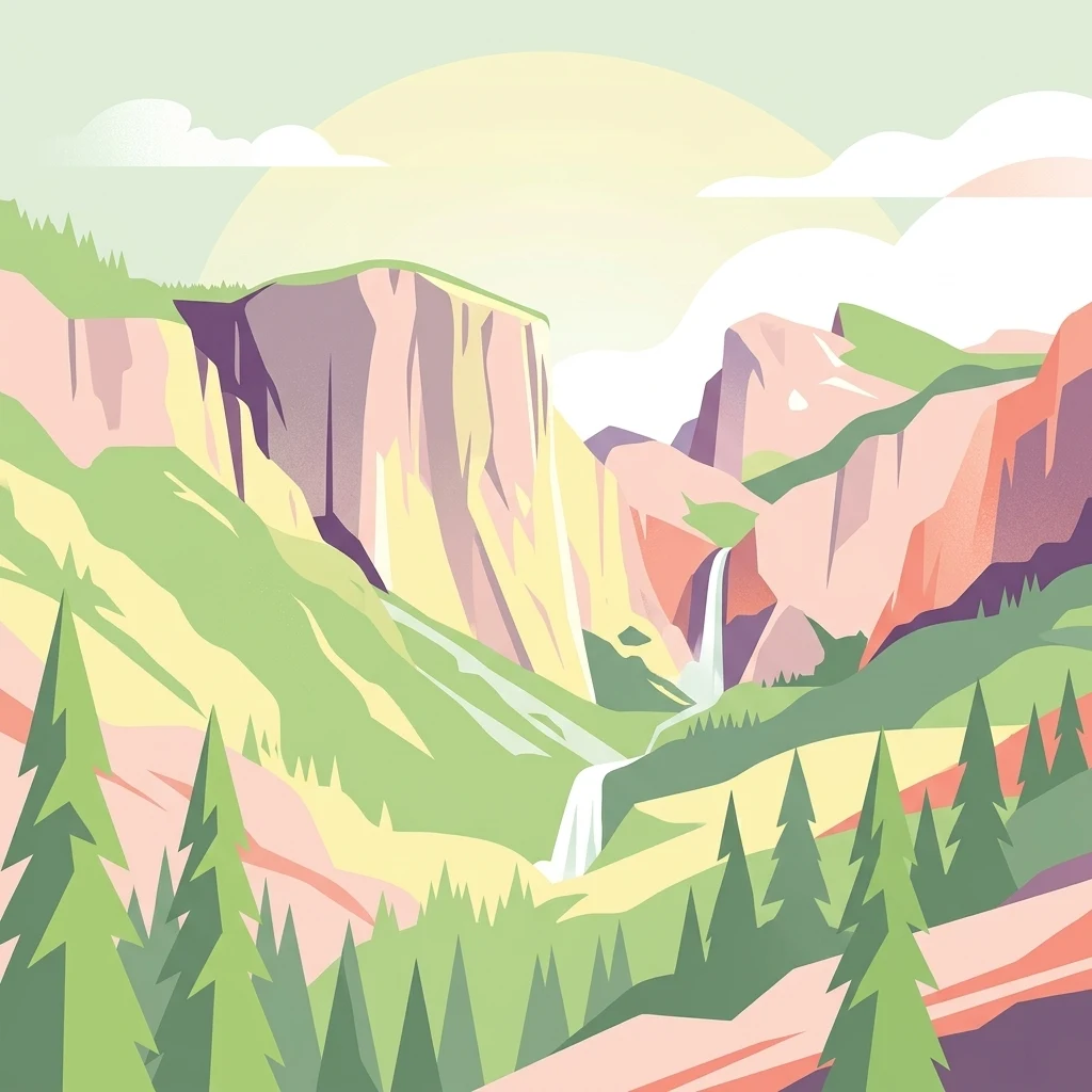 A stylized vector illustration of a mountain valley featuring dramatic cliffs, evergreen trees, and a small waterfall, rendered in a soft pastel color palette.