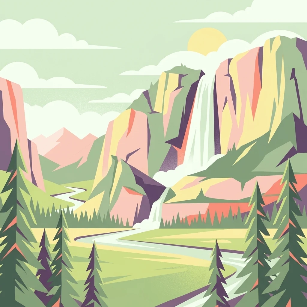 A graphic illustration showing a winding river through a grassy valley framed by pine trees in the foreground, with steep rocky mountains and a waterfall in the background.