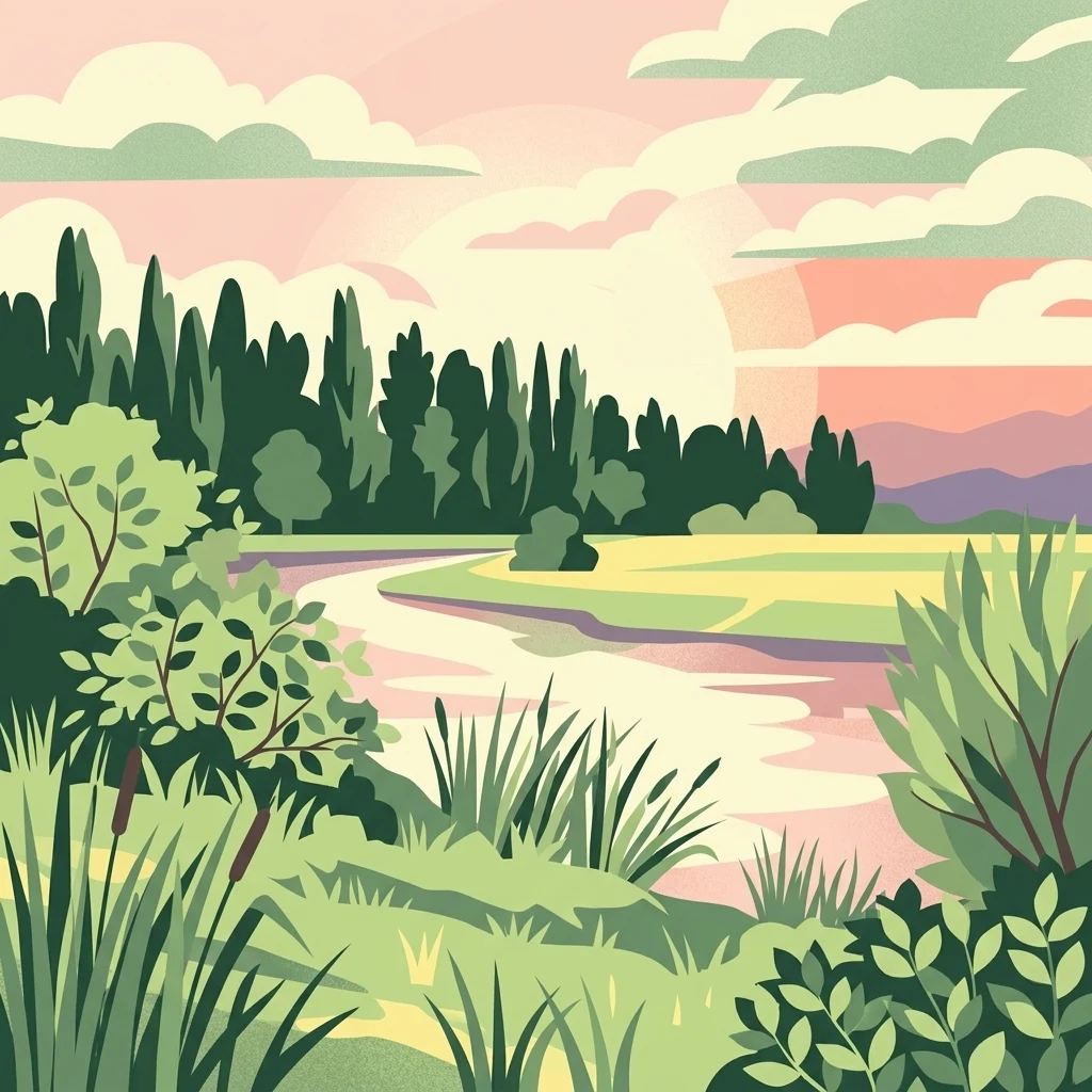 A stylized digital illustration showing a winding river through a grassy landscape at sunset, with a line of trees in the background and reeds in the foreground.