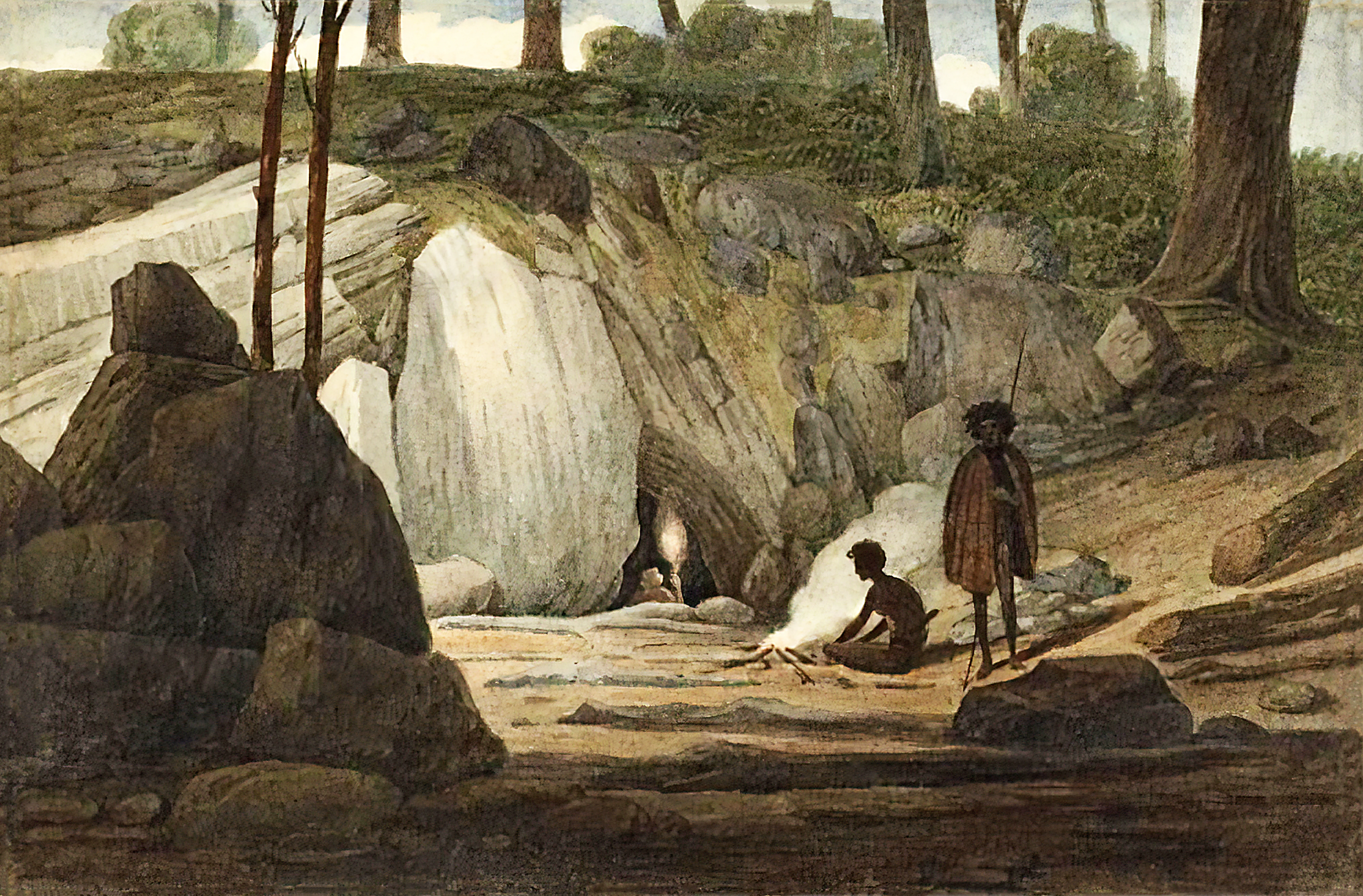 A historical watercolor painting depicting two figures sitting near a campfire outside a limestone cave entrance in a wooded area.