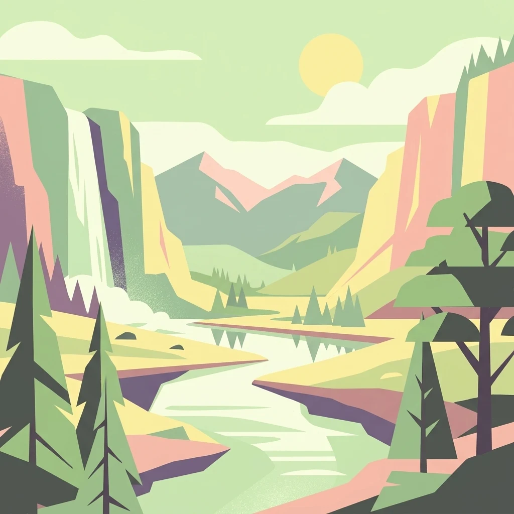 Una ilustración gráfica que muestra un río serpenteando por un valle flanqueado por acantilados, una cascada, pinos y montañas lejanas bajo un sol suave.