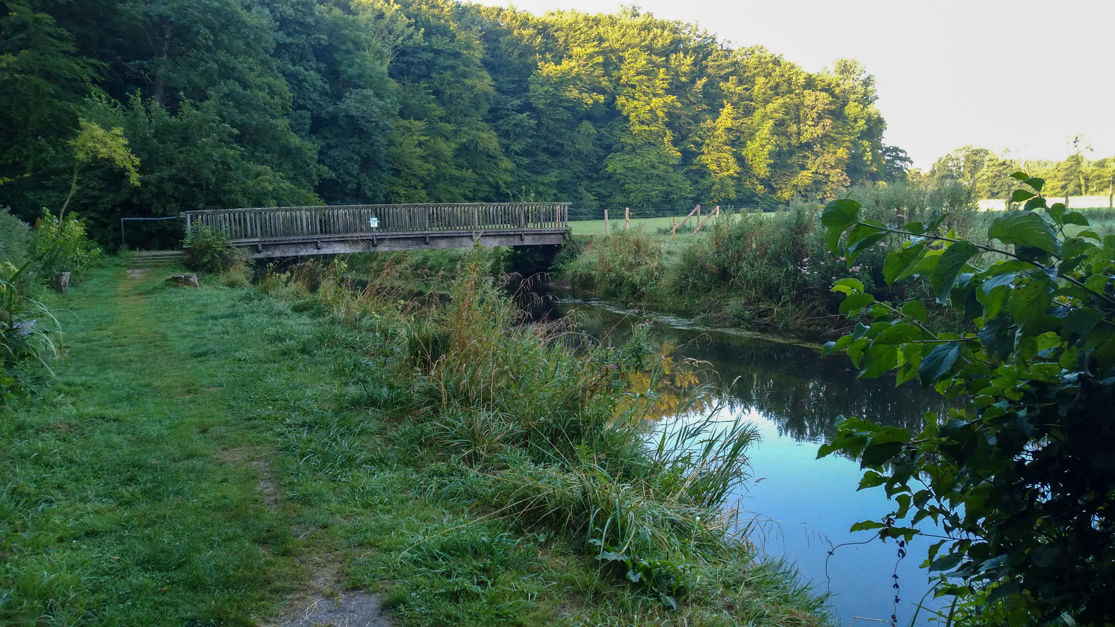A wooden pedestrian bridge crosses a calm stream in a green, forested landscape under daylight.
