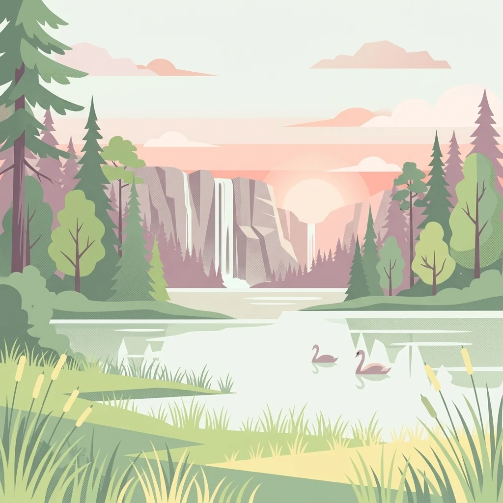 A flat-style digital illustration of a lake landscape at sunrise, featuring coniferous trees, a waterfall cascading down a cliff in the background, and two swans swimming in the foreground.