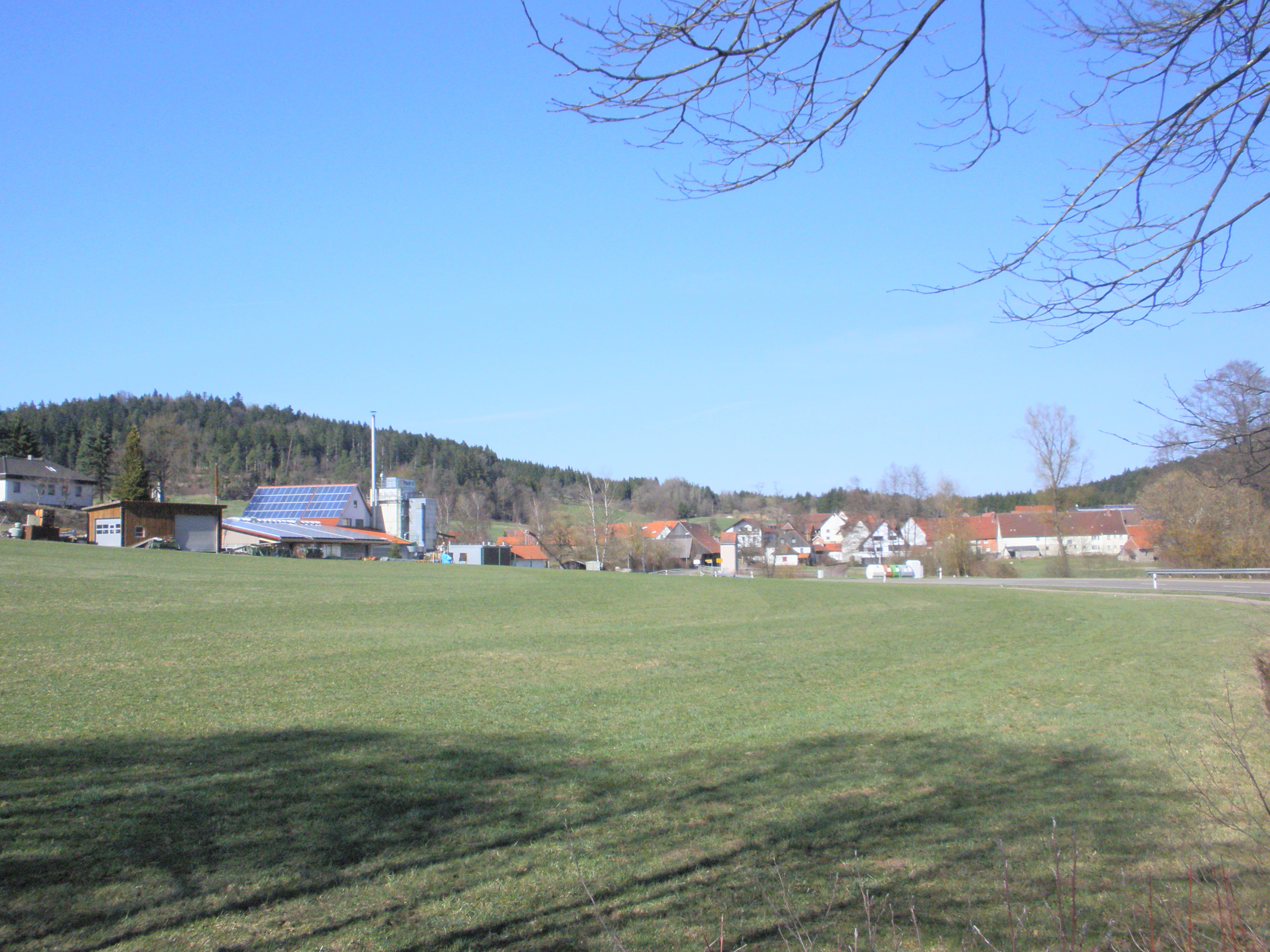 A wide, sunny meadow with green grass in the foreground, leading to a small rural settlement with various buildings and farm structures in the midground, backed by a forested hillside under a clear blue sky.