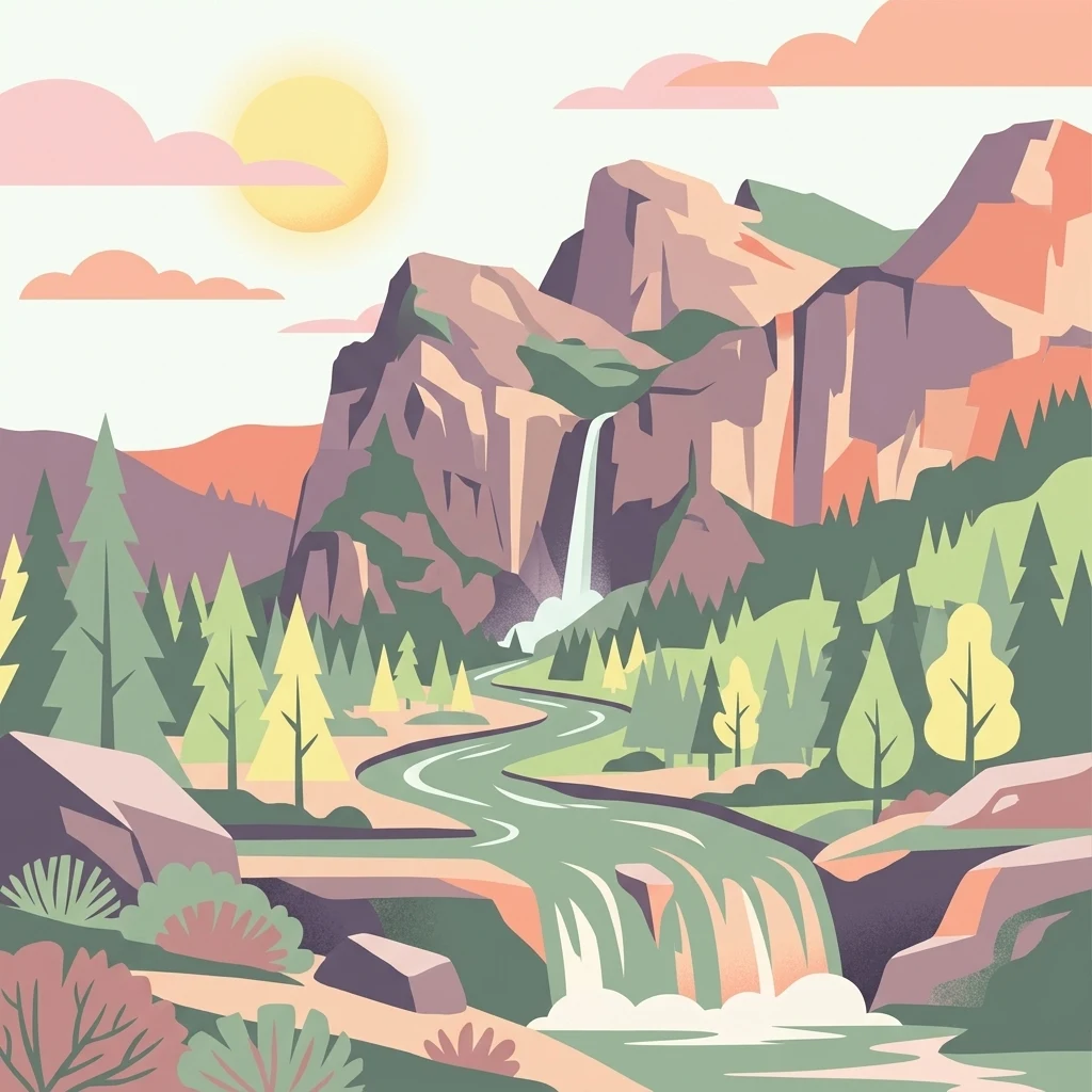 Digital vector illustration of a mountain valley with a waterfall flowing into a river, surrounded by evergreen forests, under a sun-filled sky.