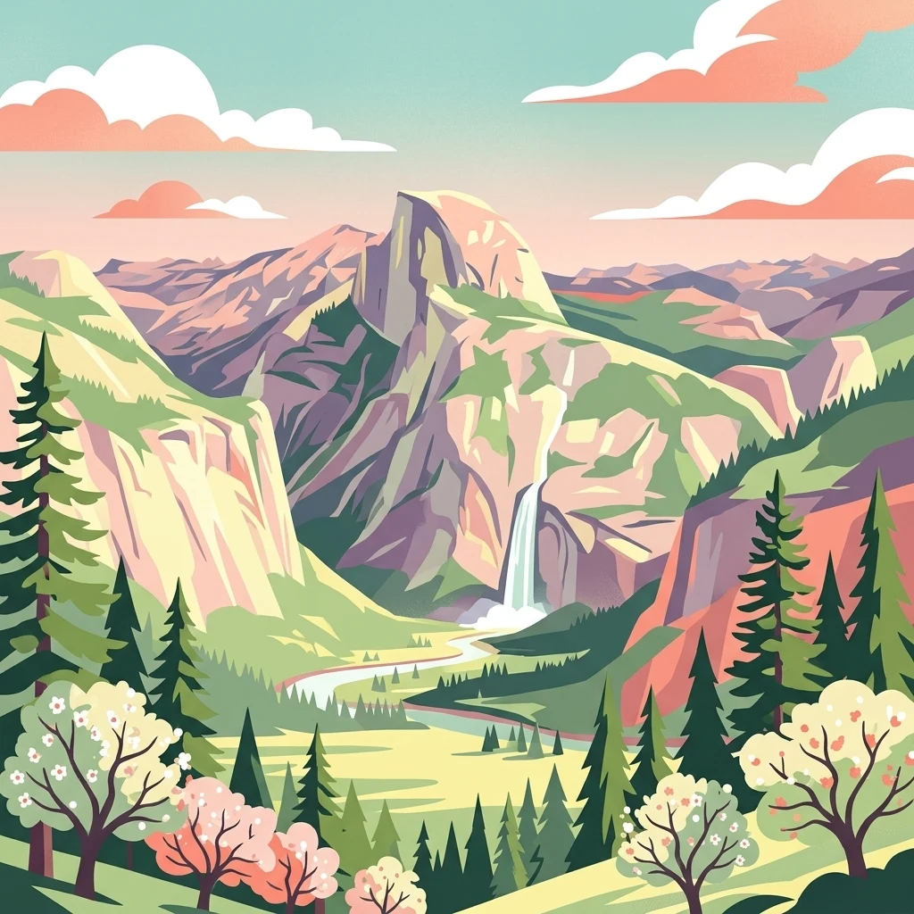 Una ilustración vibrante de un valle montañoso dramático con un gran acantilado de granito, una cascada central que fluye hacia un río, árboles de hoja perenne y árboles florecientes rosados y blancos en primer plano.