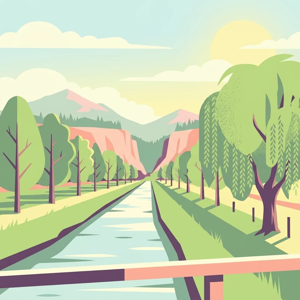 A flat-style digital illustration showing a straight canal flowing through green meadows lined with trees, with mountains in the background under a pale yellow sun.