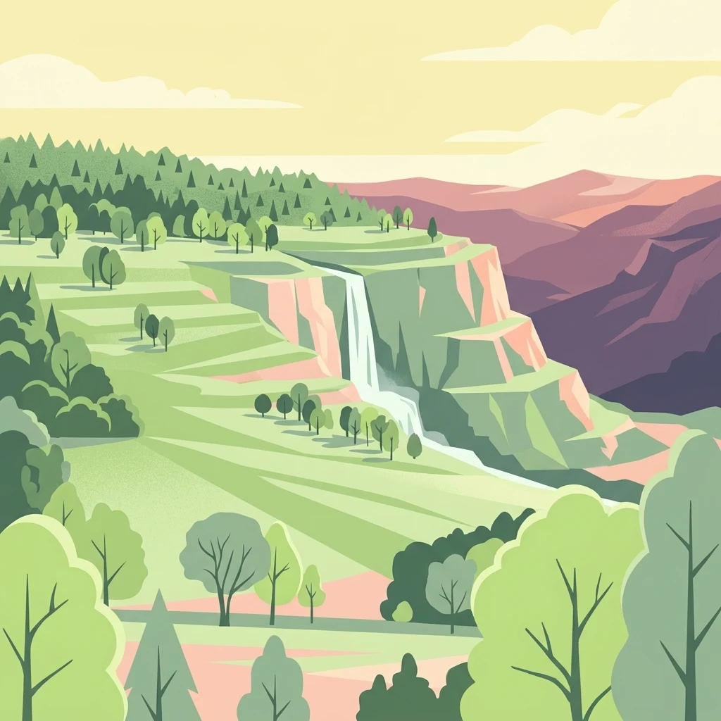 Una ilustración vectorial plana y estilizada de un paisaje montañoso verde con una cascada que fluye sobre un acantilado rocoso, rodeada de árboles y cadenas montañosas lejanas.