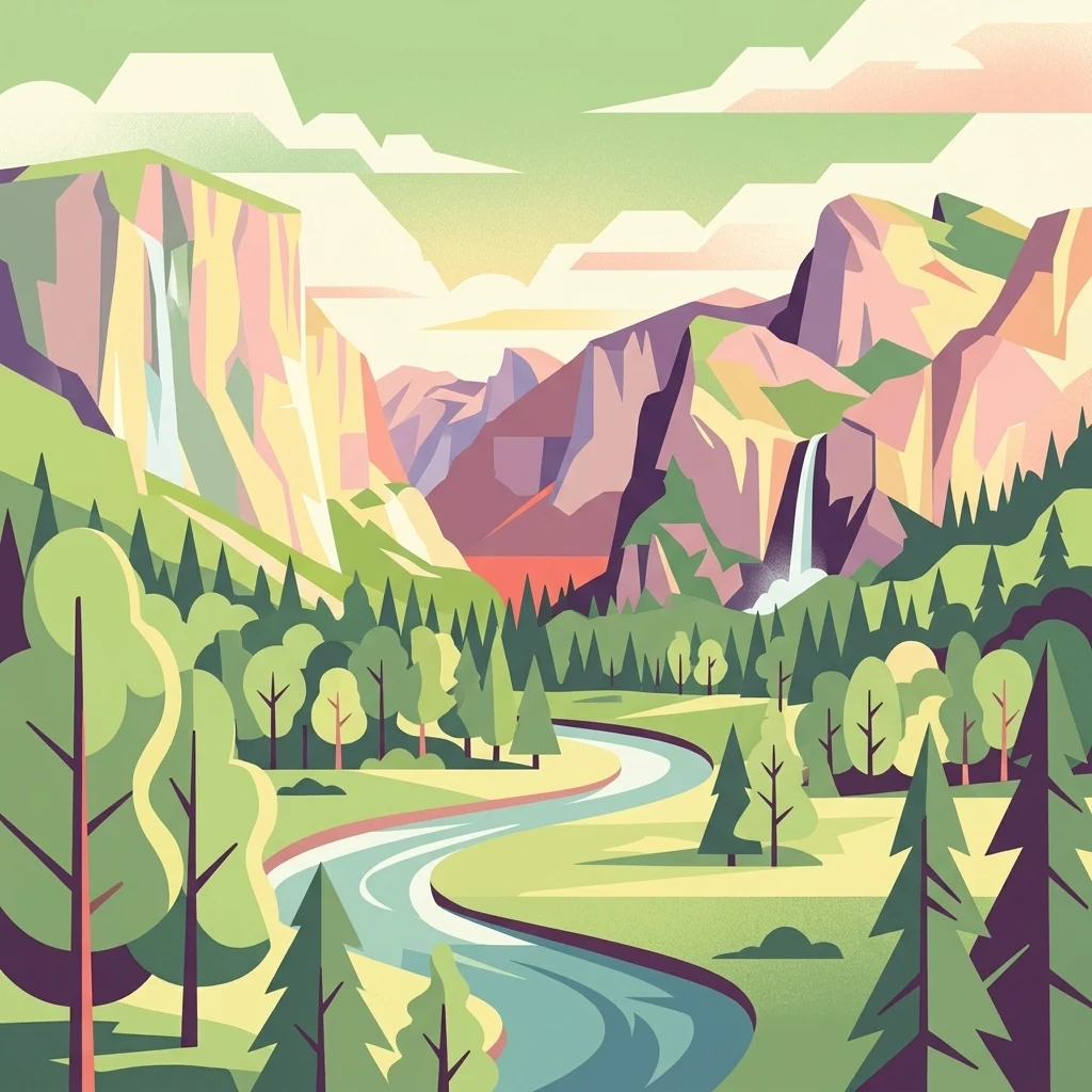 A graphic illustration depicting a valley with steep rocky cliffs on both sides, waterfalls, a winding river, and a forest of evergreen trees in the foreground.