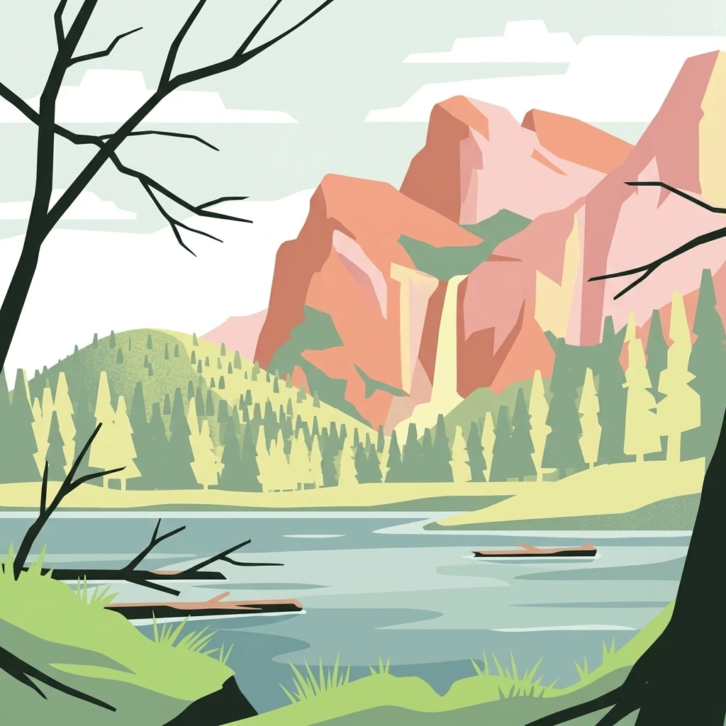 Ilustración estilizada de un lago rodeado de bosques de pinos y montañas rocosas de color rojo con una cascada.