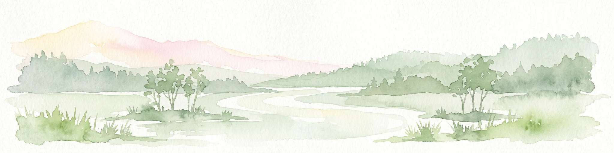 A wide watercolor illustration showing a calm lake with small tree-covered islands, bordered by green forests and distant hills under a pale sky.