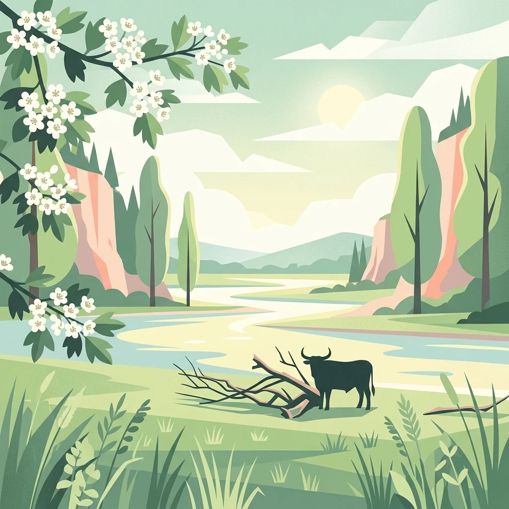 Una ilustración digital de una escena de valle fluvial con ramas floridas en primer plano, un río serpenteante en el plano medio y colinas onduladas al fondo, con la silueta de un toro de pie en la orilla del río.