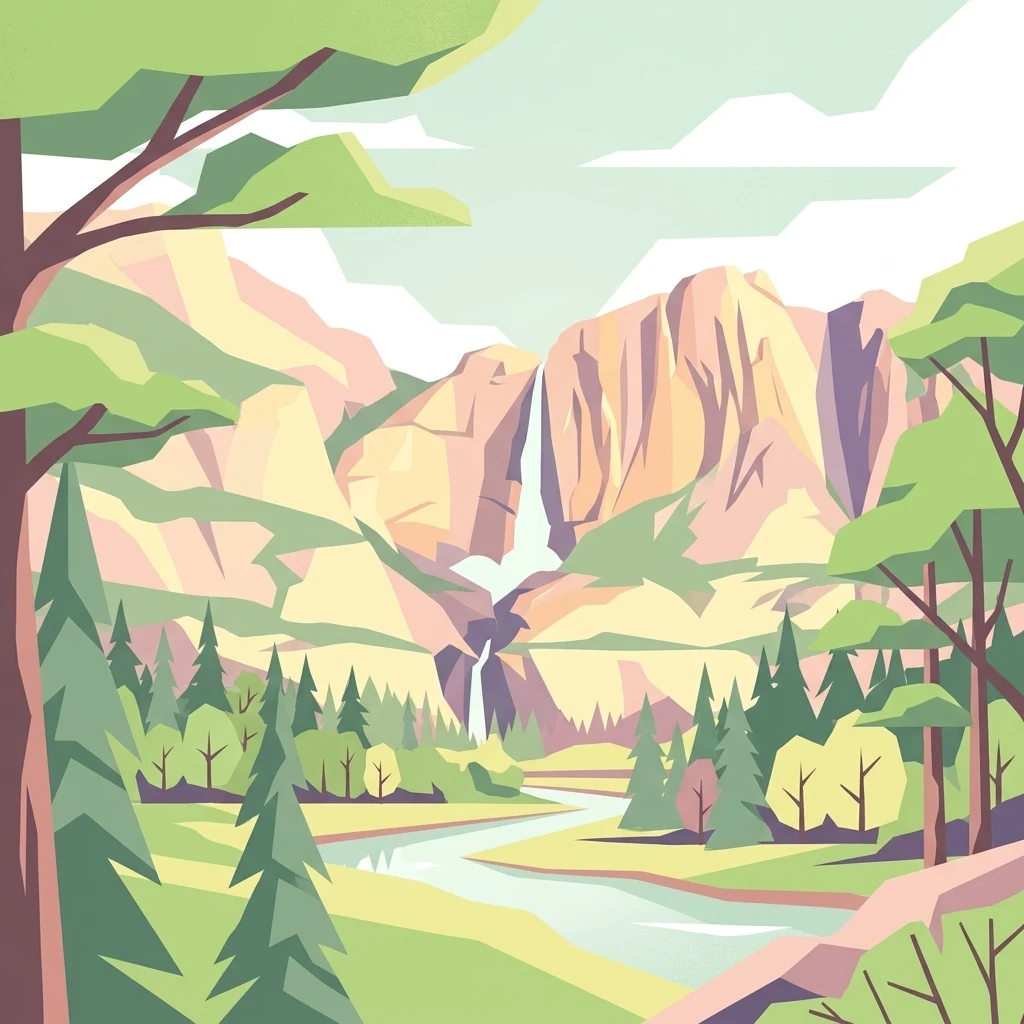 A stylized illustration showing a winding river flowing through a forested valley toward distant cliffs with a prominent waterfall cascading down.