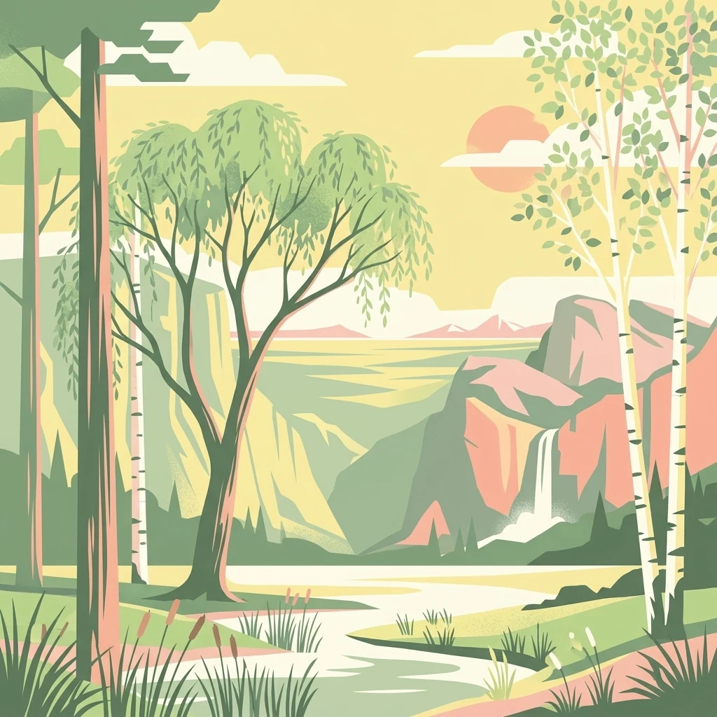 Una ilustración en un estilo apagado y retro que muestra un río serpenteante a través de un valle con abedules y sauces en primer plano, acantilados montañosos en el plano medio y una pequeña cascada que fluye hacia el valle.