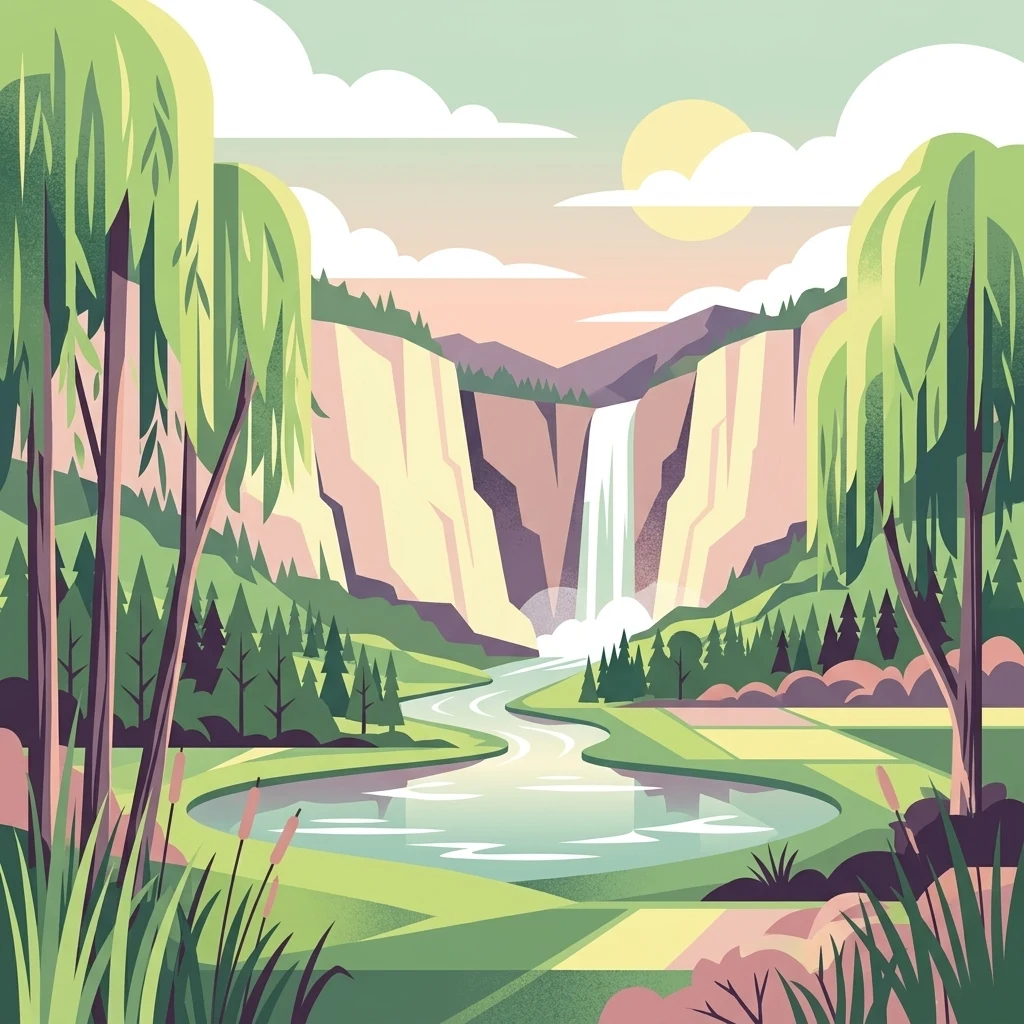 A digital illustration of a scenic valley with a river, a waterfall in the distance between cliffs, and trees in the foreground.