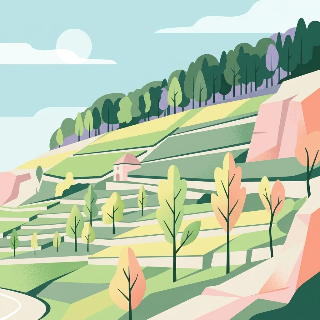 A flat-style digital illustration showing terraced fields on a hillside, punctuated by small trees and distinctive pinkish rock faces under a soft sky.