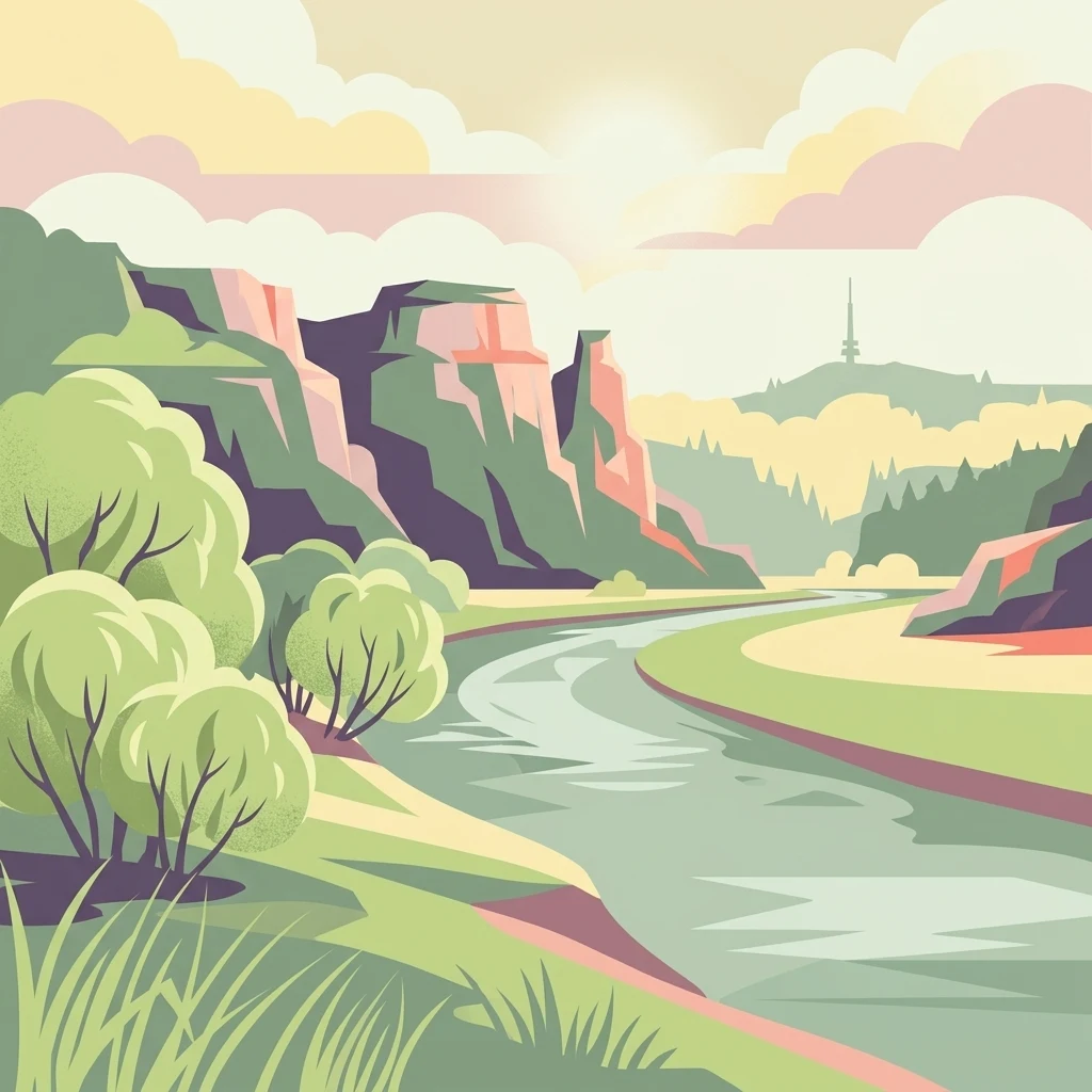 A stylized illustration of a river winding through a valley with hills, trees, and a distant transmission tower under a soft, golden sky.