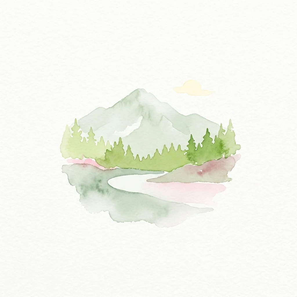 A watercolor painting showing a green mountain peak, a line of pine trees, and a river reflecting the scene, set against a white background.
