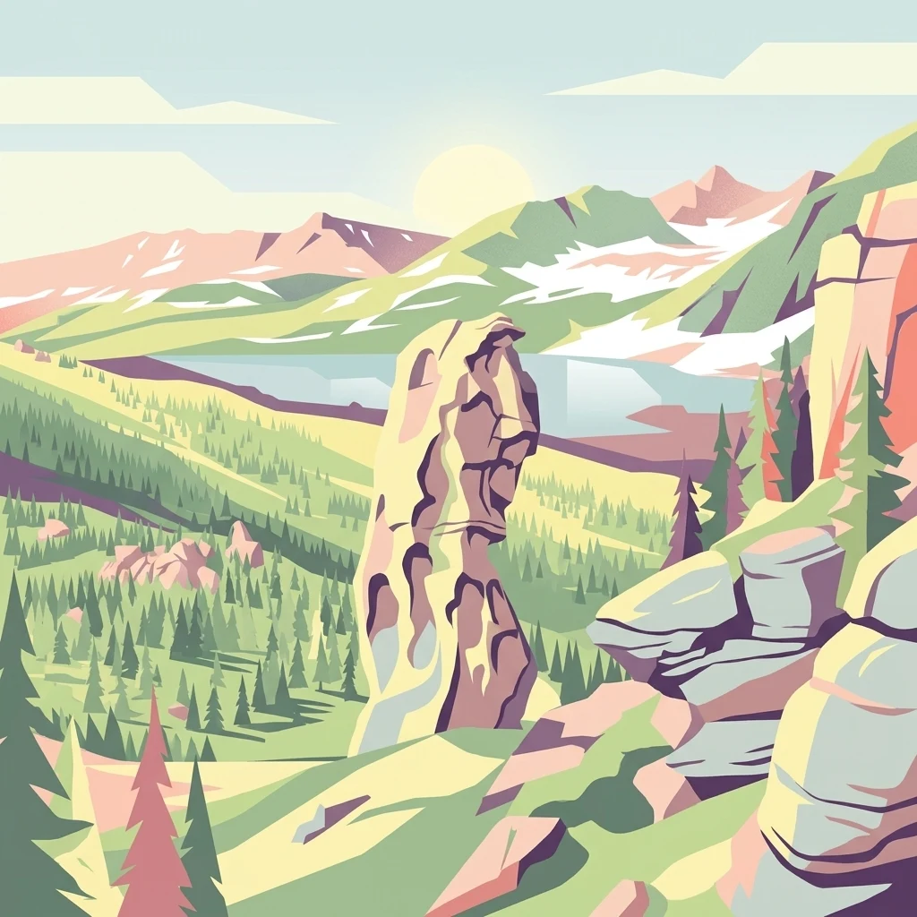 A digital illustration of a mountain valley with a tall rock formation in the center, surrounded by green pine trees, a blue lake, and snow-capped mountains in the distance under a pale sky.
