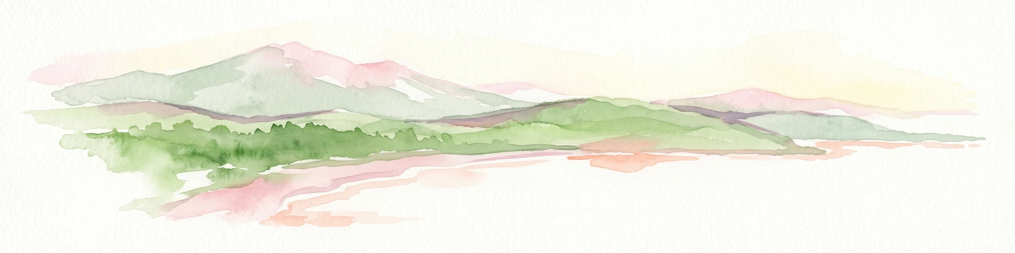 Watercolor illustration of rolling hills, mountains, and a coastal body of water